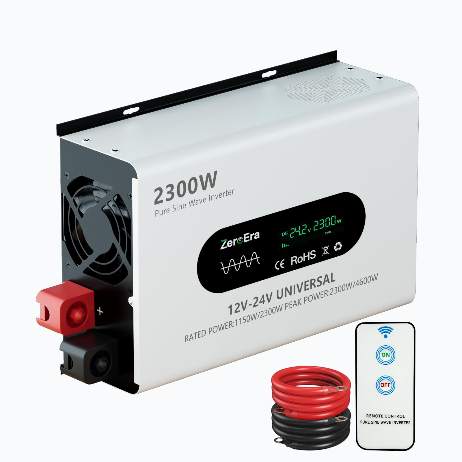 Inverter 12V/24V a 220V 230V,Convertitore Doppia Tensione,Potenza Nominale 1150W/2300W,Potenza Picco 2300W/4600W,Seno Puro,LCD,Rilevamento Intelligente,Presa 2EU, 1 Tipo C,Porta USB 2.1A,Telecomando