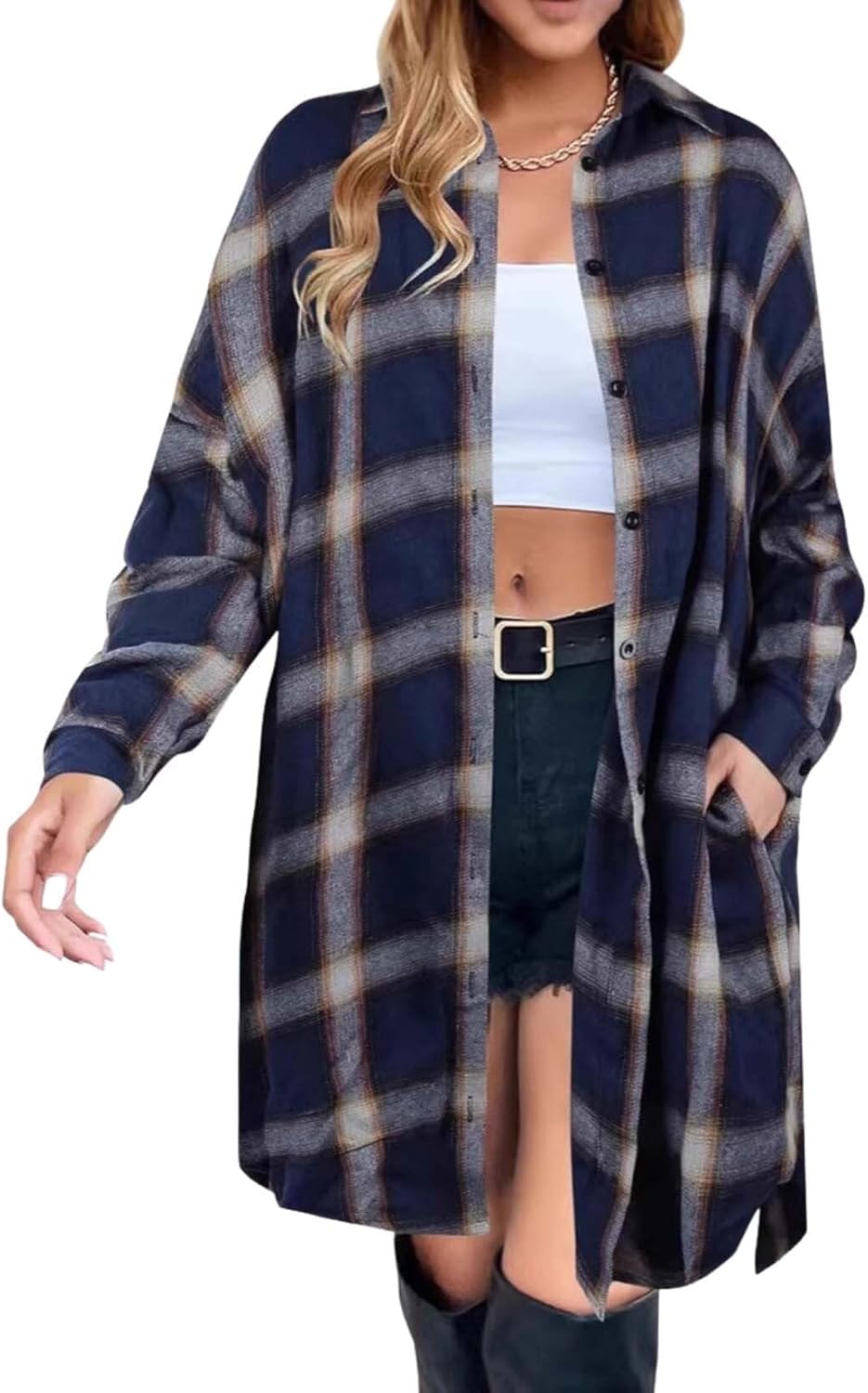 LIZALIG Womens Plaid Shacket Jacket Long Sleeve Button Down Shirt Oversized Lightweight Jacket Fall Fashion Coat