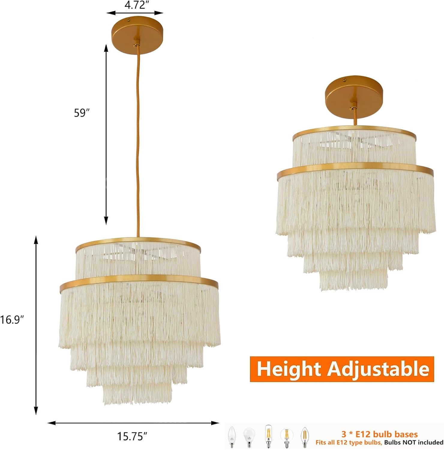 5 Tiers Boho Chandelier with Fringe,Gold 3-Light Fringe Pendant Light Fixture,Tassle Chandelier for Bedroom,Dining Room,Baby Nursery Lighting Beige image 3