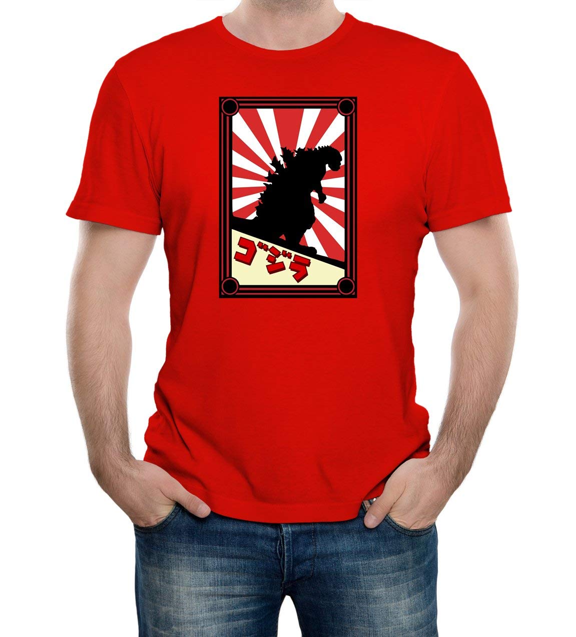 Reality Glitch Men's Red Japanese Monster Cool Retro Japan Anime Graphic T-Shirt (L, )