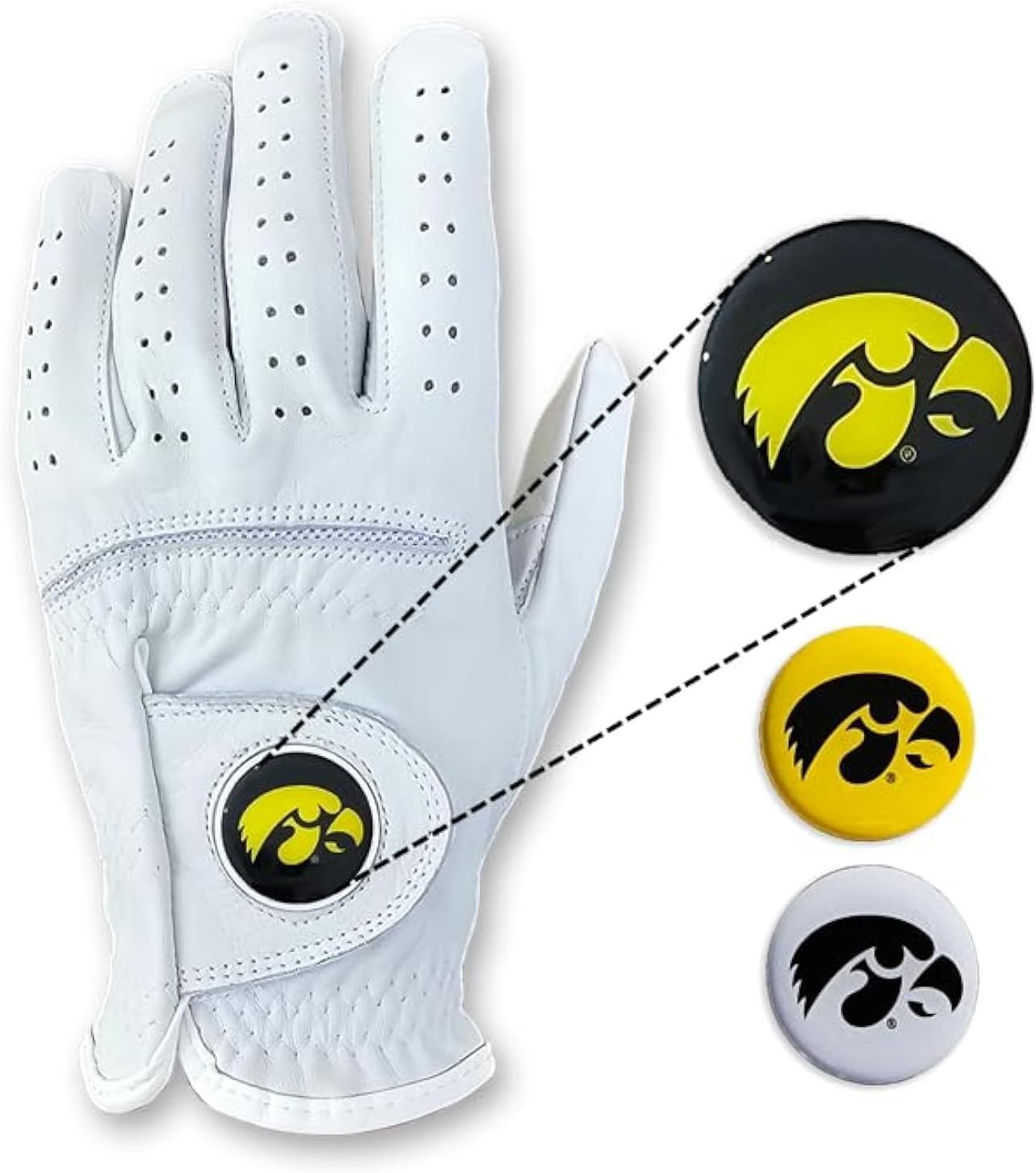 Hawkeyes Golf Glove with Markers – University of Iowa Golf Gloves with 3 Magnetic Ball Markers, Right Hand and Left Hand, Youth Boys, Men's, and Women's Golf Gloves, XS to XXL Sizes
