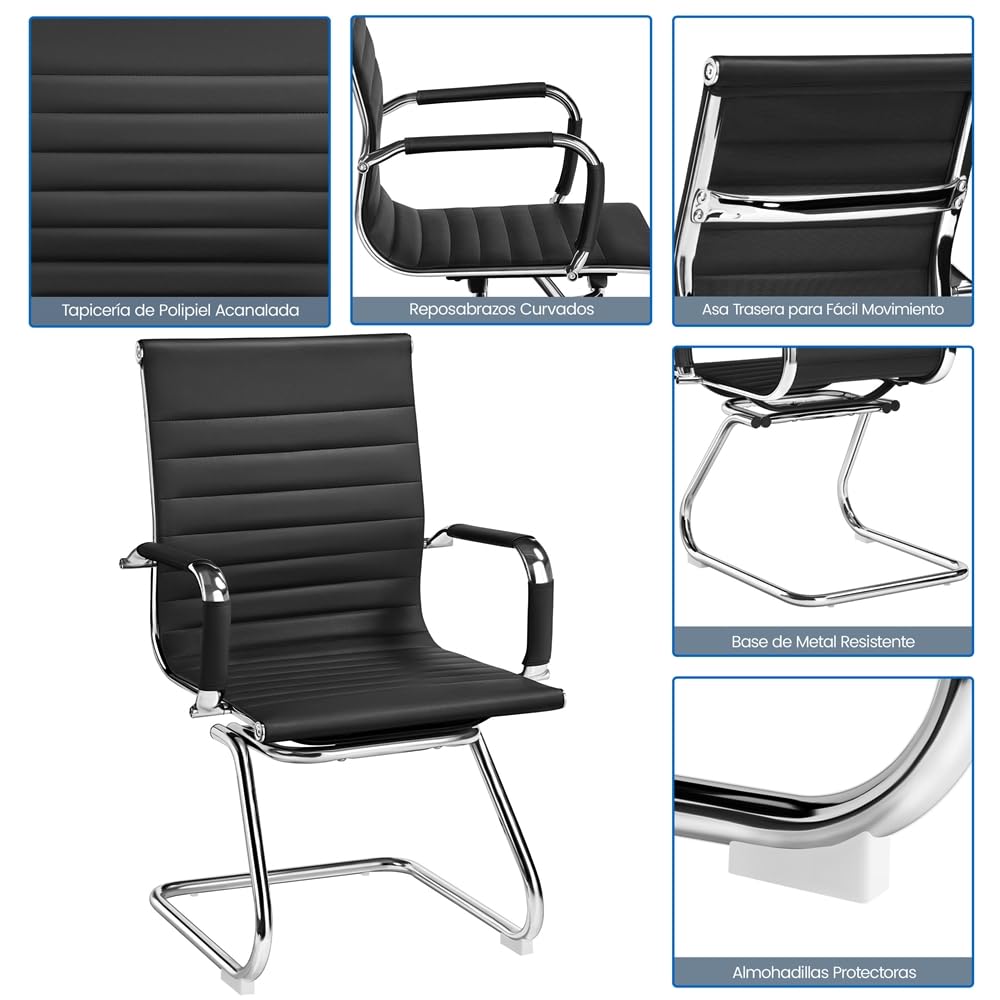 Yaheetech 2 Sillas de Oficina Silla de Recepción Ergonómicas en Negro | Tapizado en Polipiel, Diseño Moderno, Reposabrazos Integrados, Base Metálica, para Oficina, Sala de Espera y Reuniones
