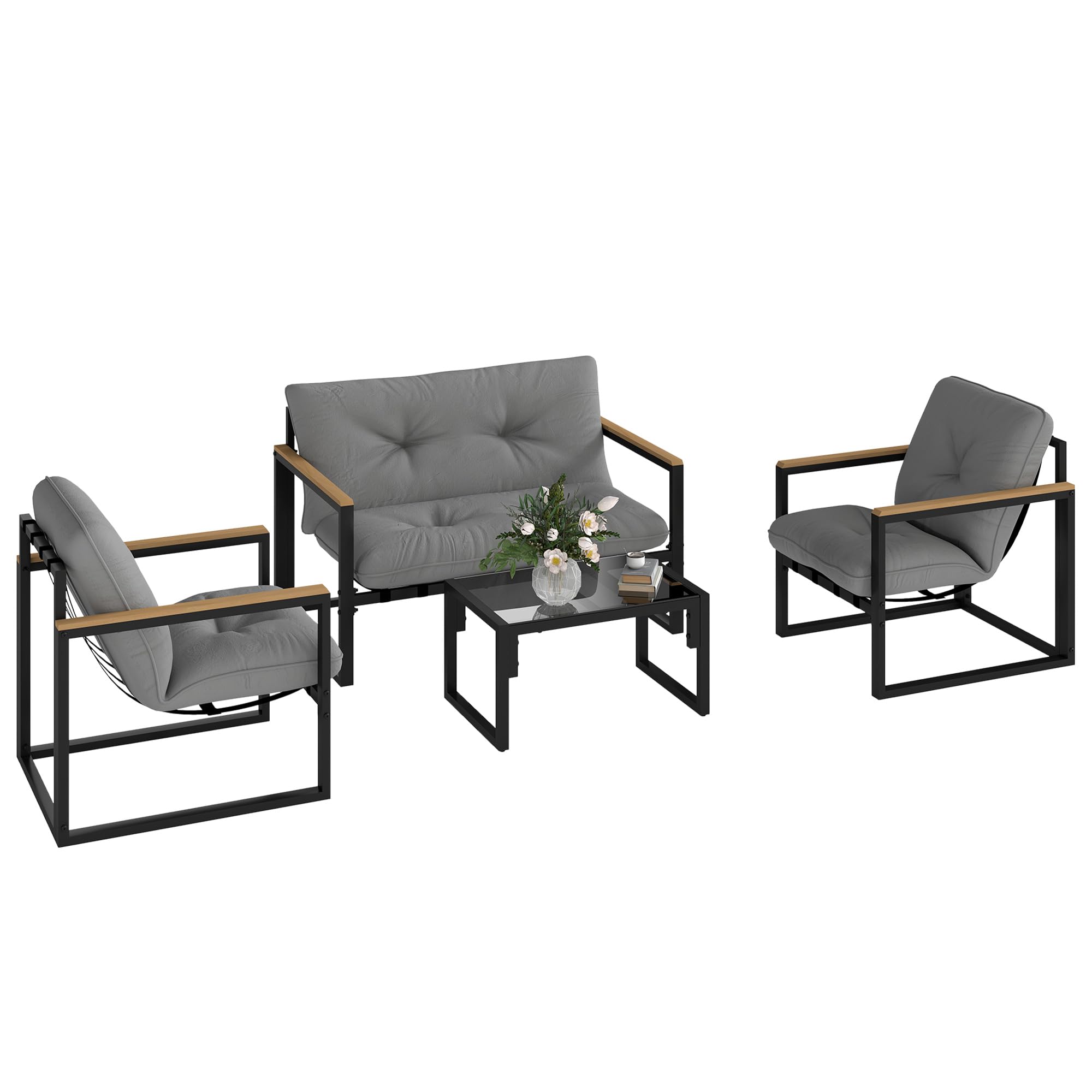 Outsunny Salon de Jardin extérieur 4 Personnes, 4 pièces avec canapé, 2 fauteuils et Table Basse en Verre trempé, Coussins Inclus, mobilier de Jardin Patio Balcon terrasse, Gris