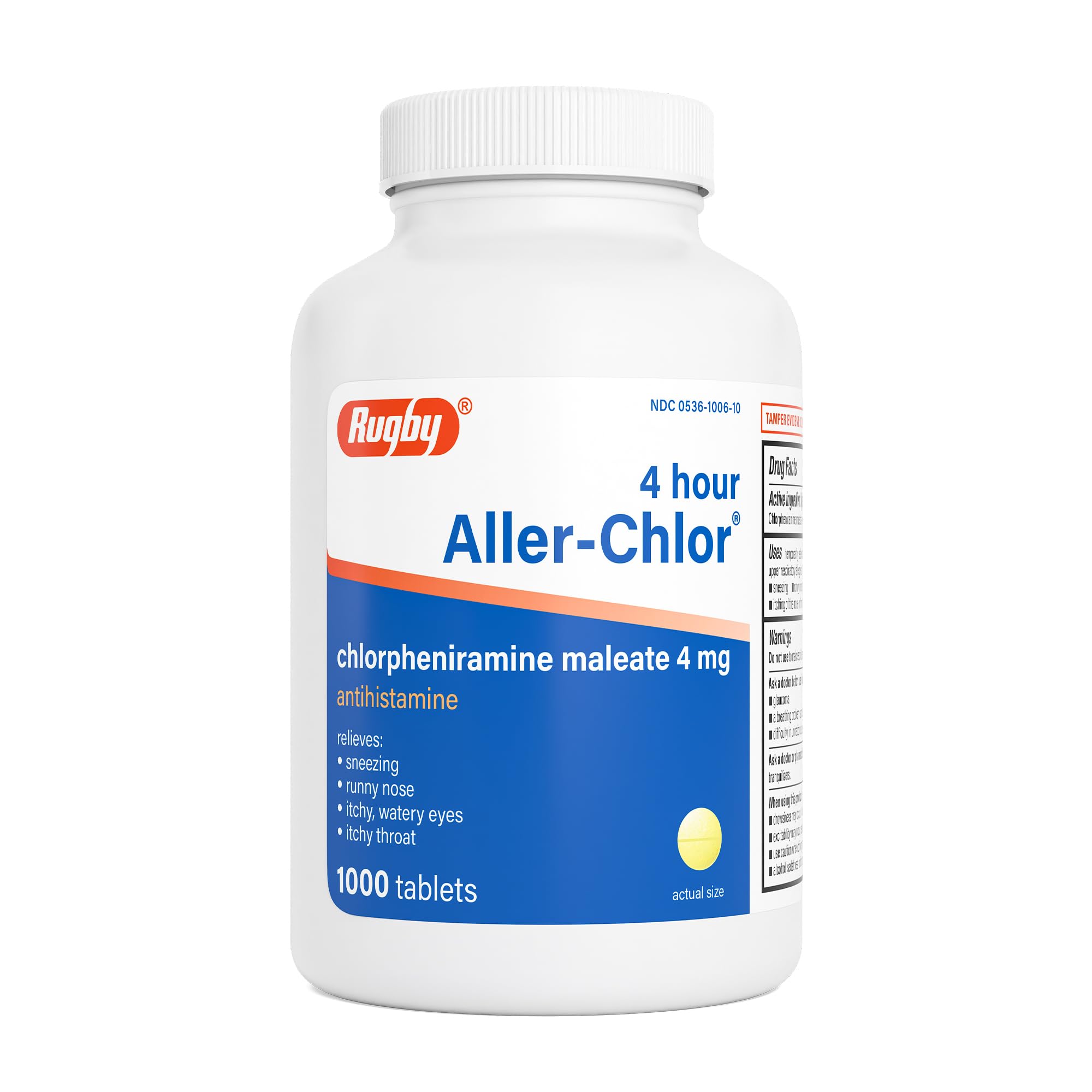 Rugby 4 Hour Aller-chlor - Chlorpheniramine Maleate 4 mg - Antihistamine - 1000 Tablets (1 Pack)