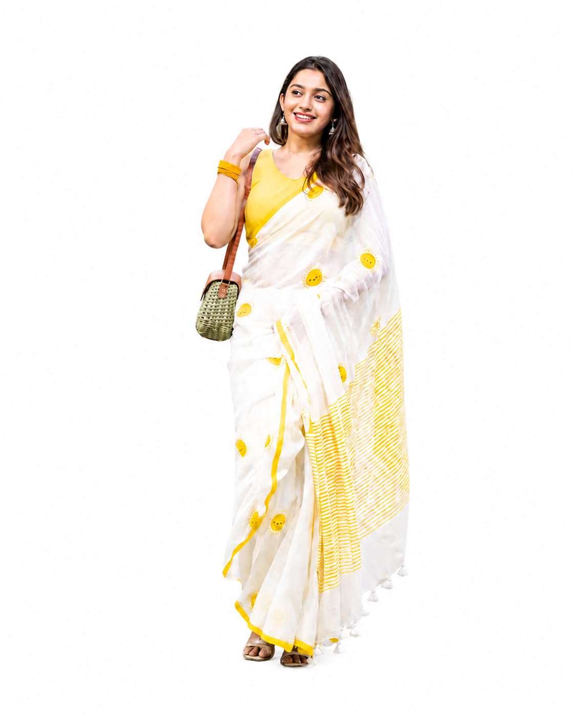 indi basket Women's White & Yellow Smiley Print Saree with Tassels | Lightweight Casual & Office Wear Saree-picture-45