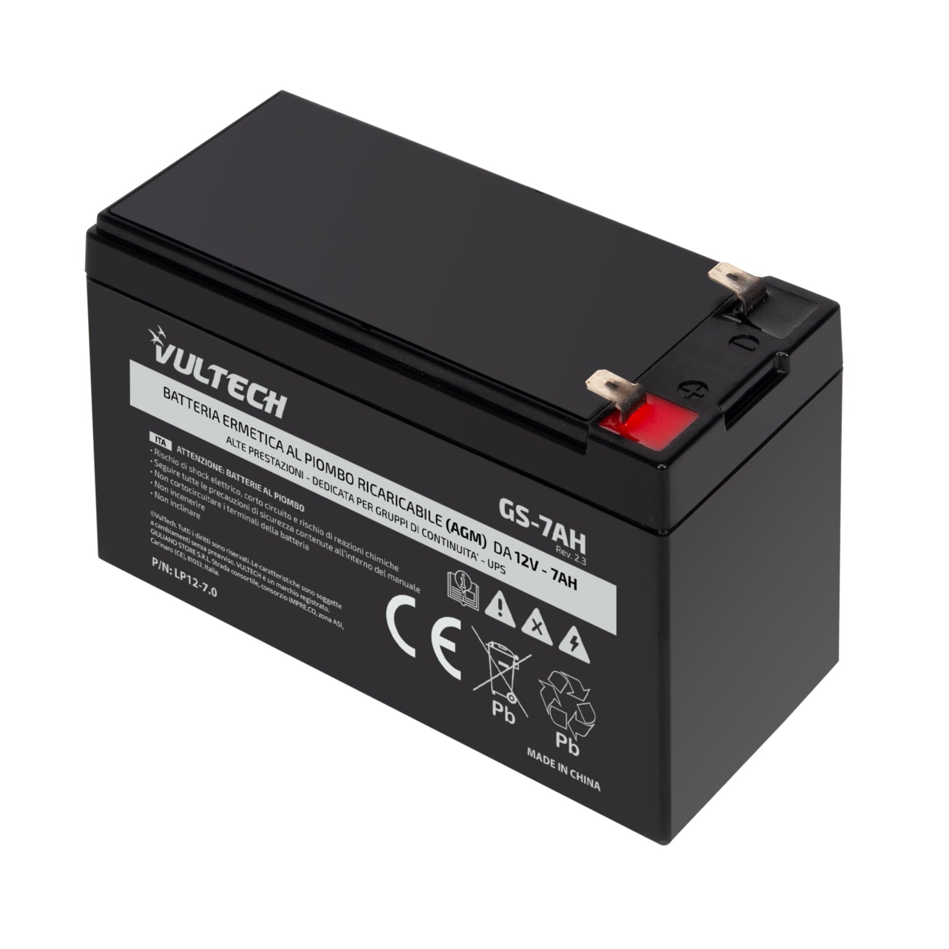 Vultech Batterie rechargeable AGM VRLA 7AH 12 V scellée au plomb Faston F2 pour UPS (groupes de continuité), systèmes de vidéosurveillance, alarmes, jouets électriques, vélos électriques