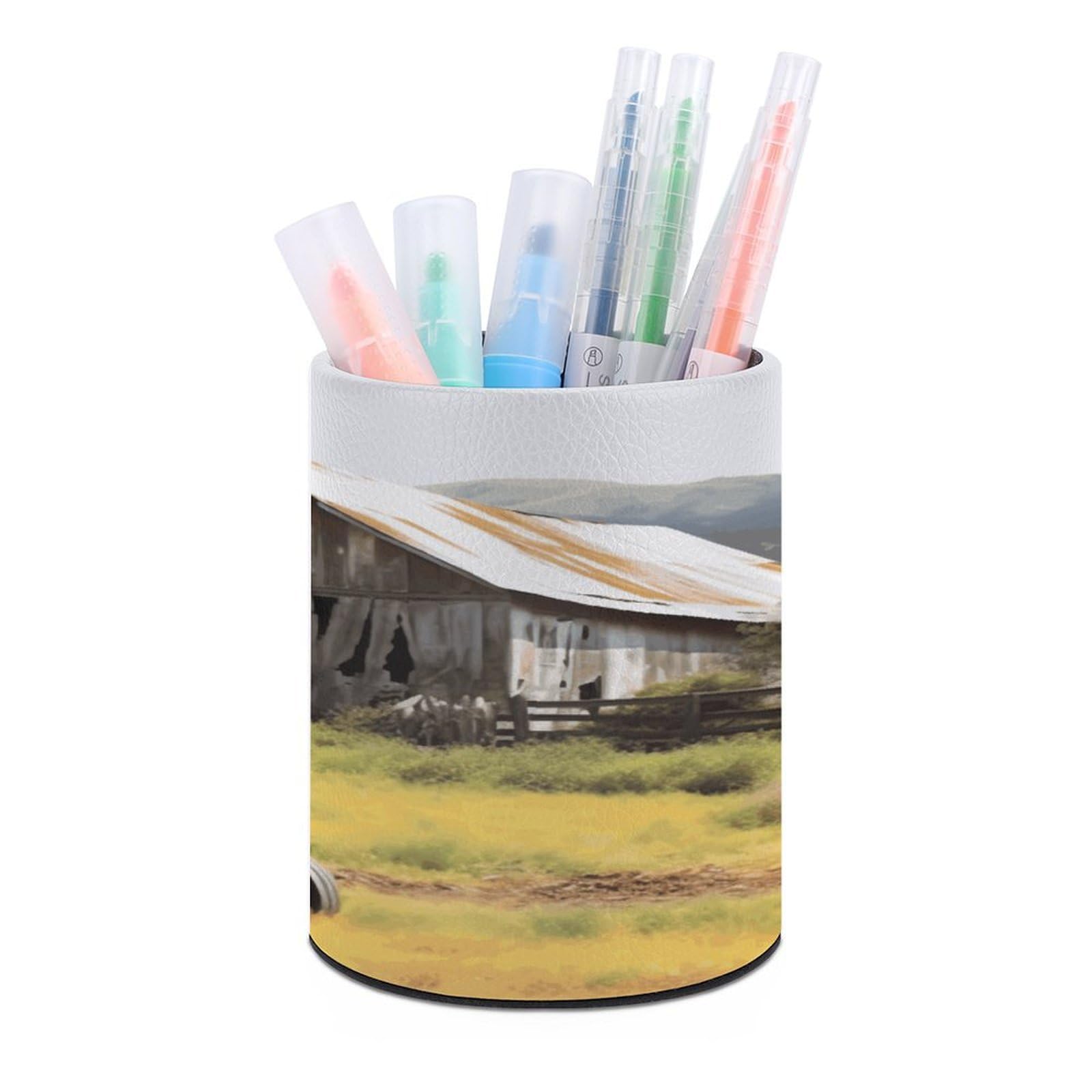FekiLoot Old Wooden Barn with Rusted Tractor Pen Holder Cup Fashion PU Leather Pencil Cup Minimalist Pen Organizer Round Pencil Holder Stand Work Locker Accessories for Decoration Desk Office Home