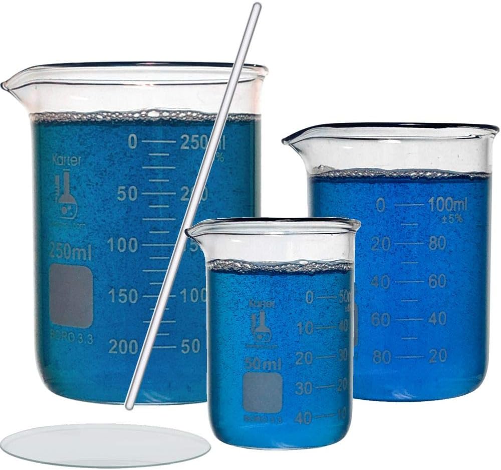 Glass Beaker Set with 5" Glass Stirring Rod and 70mm Watch Glass - 3 Sizes - 50ml, 100ml, 250ml Karter Scientific