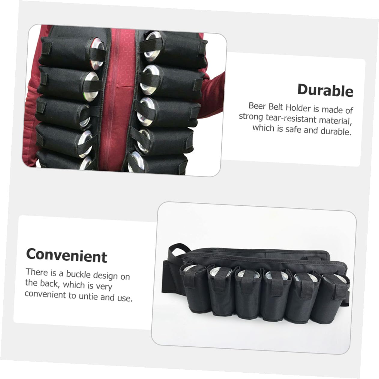 Ceinture Porte-bière 12 Poches Longueur Réglable et Boucle Multifonction en Toile Noire pour Voyage et Activités en Plein Air