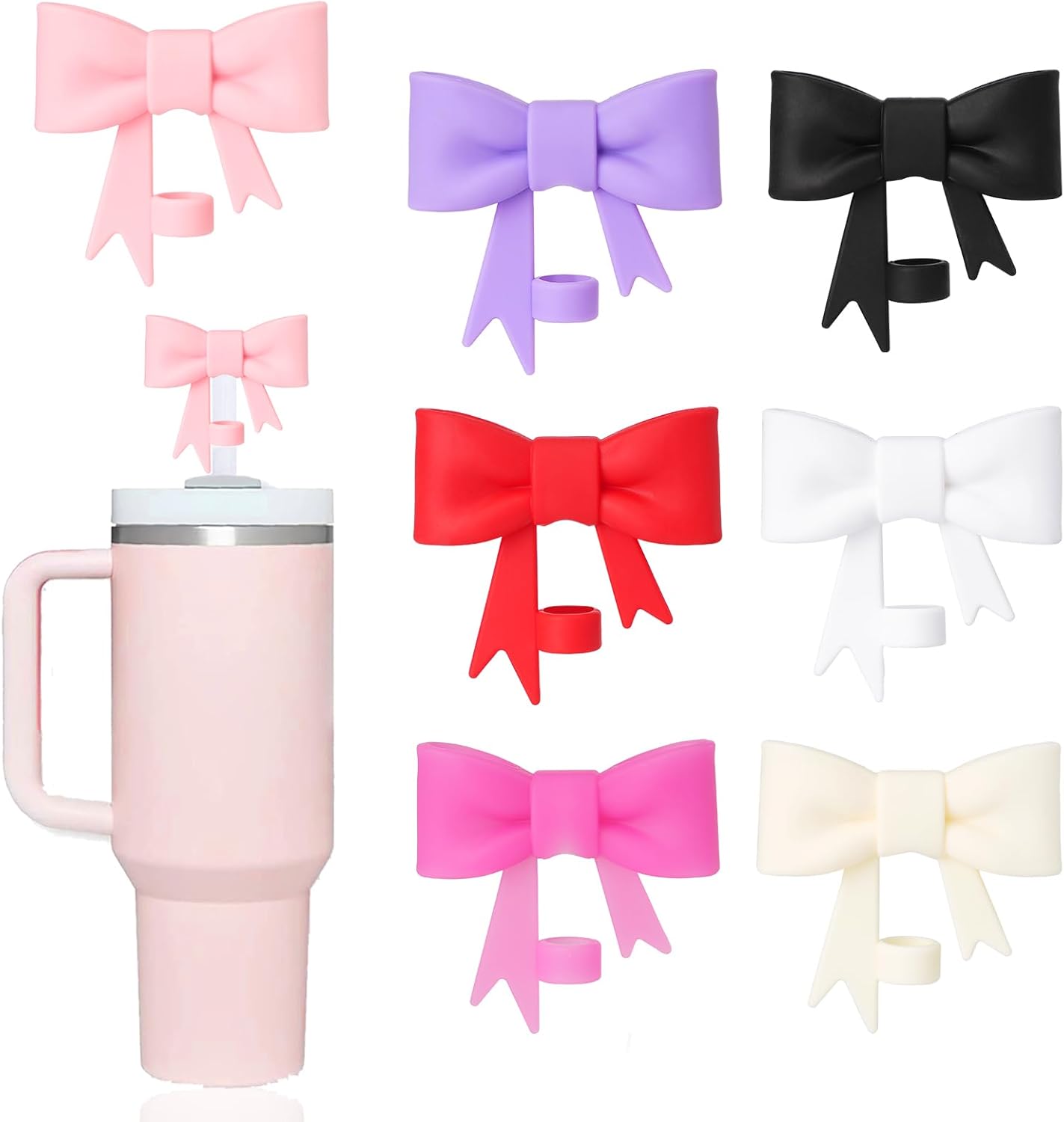 7 pcs Lovely Bow Straw Covers Cap Toppers Compatible with Stanley 40/30 oz Tumbler Cups,Reusable Cute Silicone Straw Lids Tips Protectors for 0.4 in/10mm Stanley Cups Straws Accessories 39--7pcs