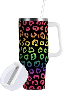 Neon Bright Colorful Leopard Print Tumbler with Handle and Straw Leak Proof Tumbler 2 in 1 Lid Insulated Water Bottle Tumblers Stainless Steel Cup Large Travel Mug Cups, Gifts for Women Man, 40oz