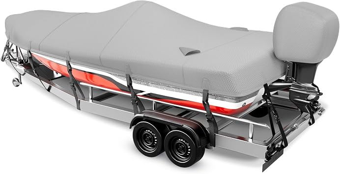 Boat Cover 20-22ft,1200D Bass Boat Cover,Marine Grade Trailerable Cover, Waterproof Boat Covers with Motor Cover,Fit 20 21 22ft Foot V-Hull,Fishing,Runabout Bowrider Boat,Grey