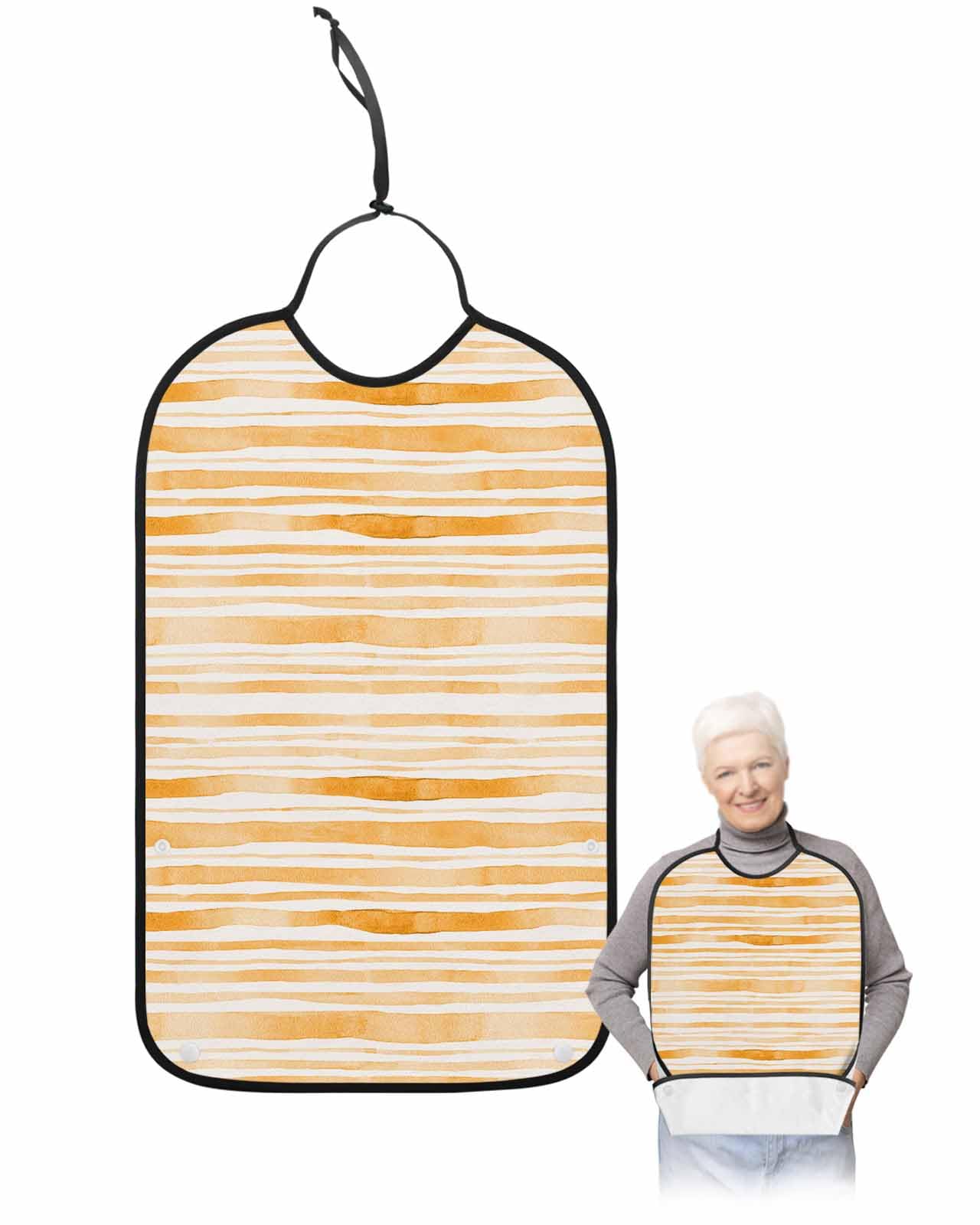 LEOKOTI Orange Striped Adult Bibs for Eating, Waterproof Bibs with Food Catcher & Adjustable Snap Closure, Watercolor Orange White Stripes Washable Clothing Protectors Adult Bibs for Elderly Women/Men