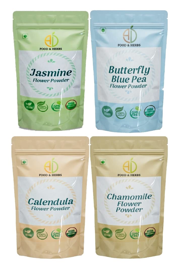 A D Food & Herbs Combo of Jasmine/Butterfly Pea/Chamomile/Calendula Flower Powder Aromatic Edible for Homemade Lattes,Tea Blends,Bath Salts,Face packs & Body packs (50 GMS x Pack of 4)-image-46