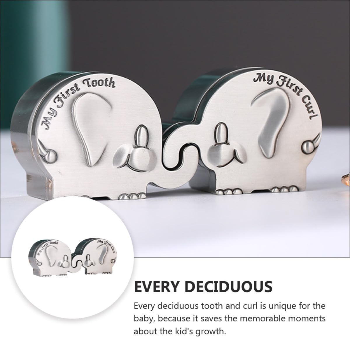 Caja para Recuerdos de Bebés Forma de Elefante, Metal Pequeño en Color Plata, para Primer Diente y Rizo, Adecuado para Guardar Recuerdos de Recién Nacidos y Obsequio Shower