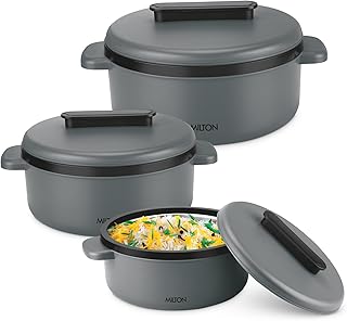 Milton Micronova Jr. Gift Set Inner Stainless Steel Casserole, Set of 3 (380 ml, 775 ml, 1345 ml), Grey, BPA Free, Food Grade, Hot and Cold, Microwave