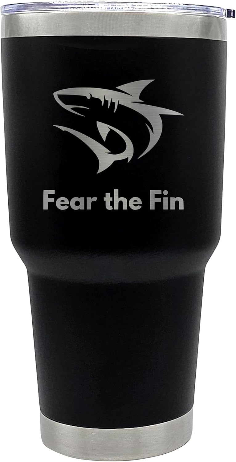 Palm City Products Premium 30 oz Fear the Fin Black Tumbler with Slider Lid - Engraved Shark Design - Ideal Gifts for Adults, Shark Merchandise, Travel Tumbler - Image 2