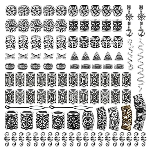 113 PCS Viking Beads Silver Dreadlocks Beard Beads Antique Norse Vikings Runes Beads Metal Dreadlocks Beads Viking Accessories for Men and Women Hair Braids Beads DIY Hair Clips Hair Decoration