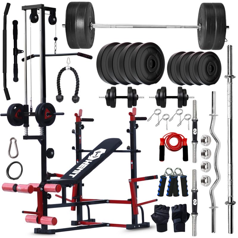 100KG PVC Plates Combo with 20-in-1 Adjustable Bench with U-Hook, Lat Pulldown, Curl Rod, Straight Bar, Dumbbells, Skipping Rope, Gloves & Gripper – Home Gym Fitness Kit-image-29