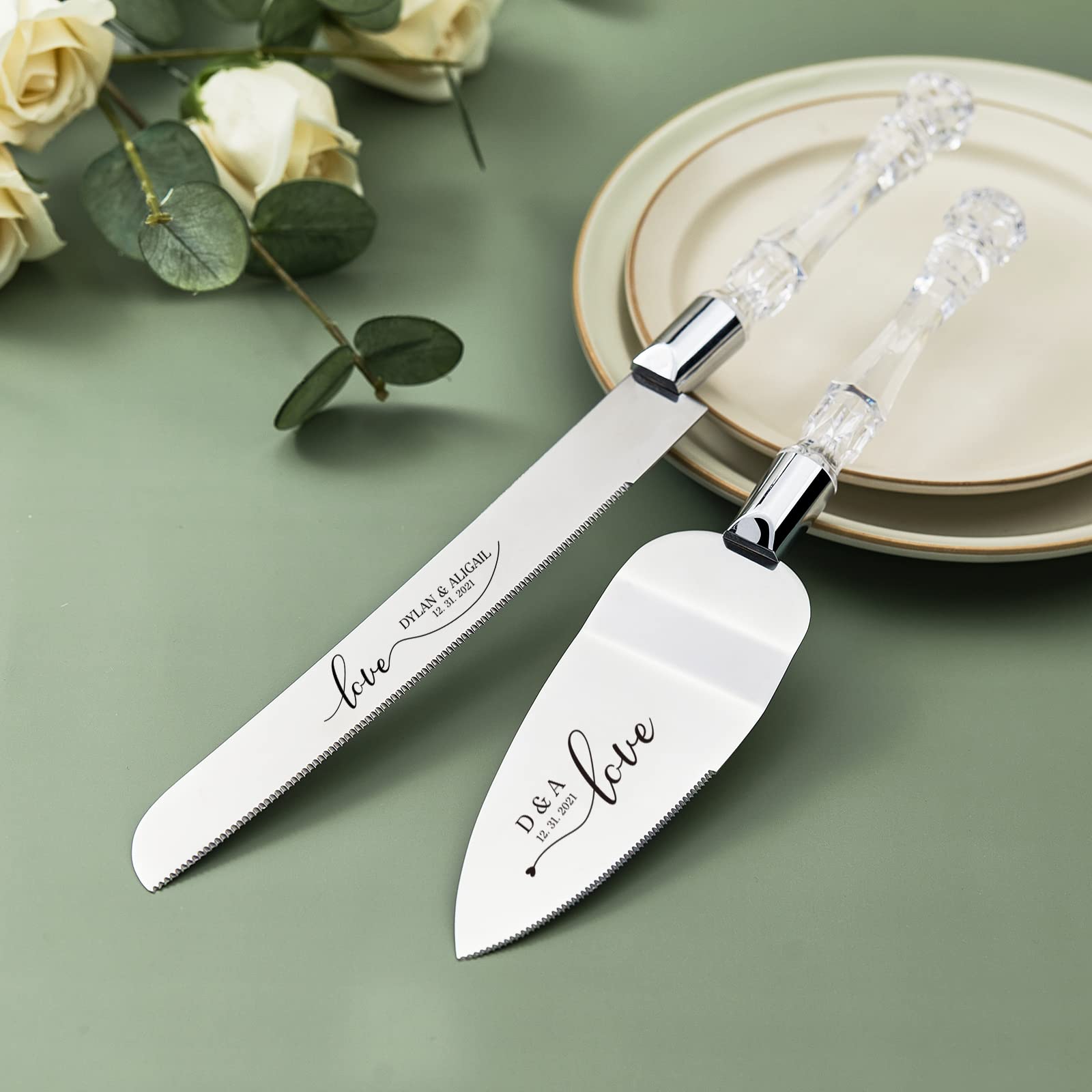 ALICEPUB Personalized Wedding Cake Knife And Server Set, Cake Cutting Set for Wedding, Stainless Steel Cake Pie Serving Set Birthday Bridal Shower Gifts(2Pcs)