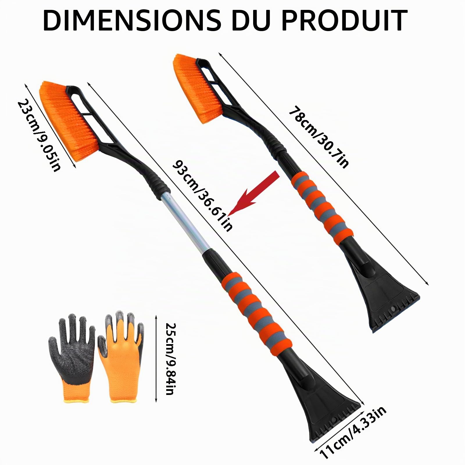 Grattoir Pare Brise Voiture Telescopique,2 en 1 Raclette Vitre Voiture Gratte Glace et Brosse à Neige avec Gant,Balai Neige Voiture,Dégivreur Pare Brise 78-93 cm (Orange)