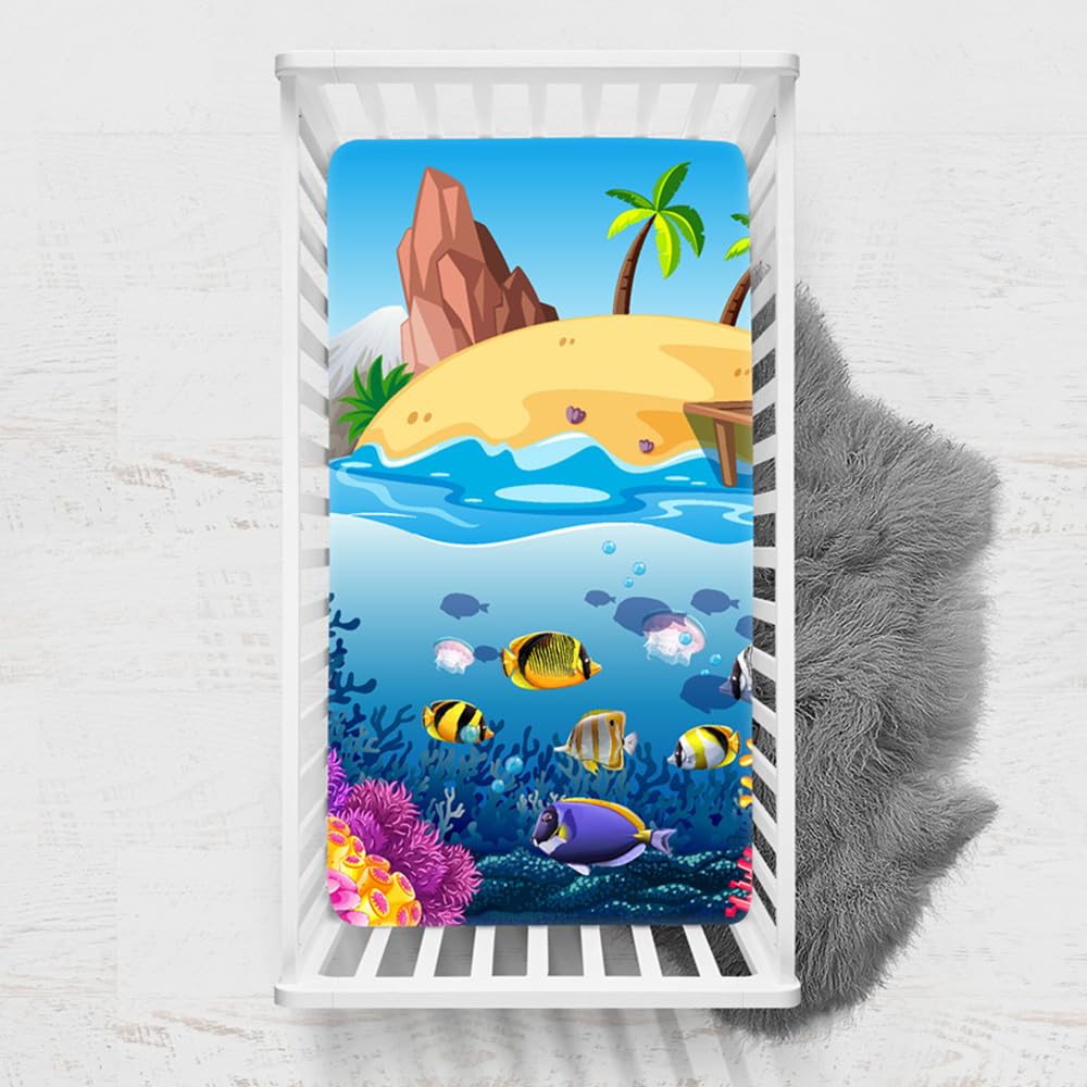 Odot Cot Bed Sheets, Ocean Print Bedside Cribs Fitted Sheets, Baby Bed Sheets Microfiber Cot Bed Mattress Protector, Bassinet Sheets, Easy Care Soft and Dureable (Fish,70x140 cm)