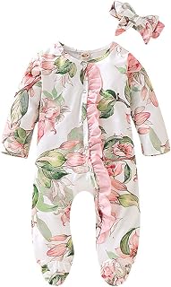 Newborn Infant Baby Girl Boy Ruffle Floral Footed Sleeper Romper Headband Clothes Outfits Set Animal Print Romper