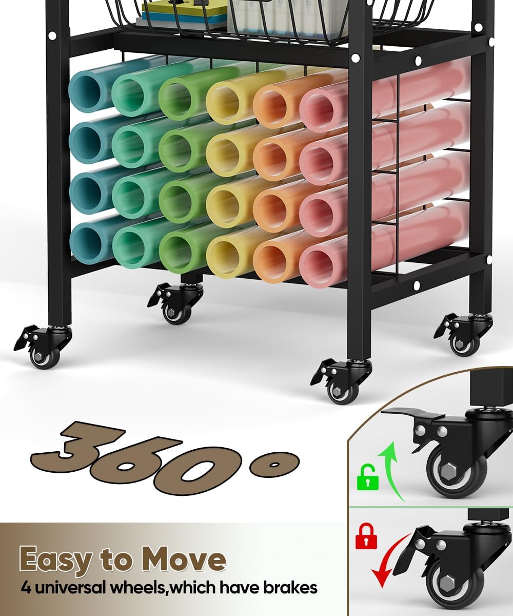 Queension Craft Cart with Wheels Compatible with Cricut Machines, Craft Organization and Storage Stand with Craft Table for Cricut Accessories, Rolling Storage Cart with 24 Vinyl Roll Hollers，Black