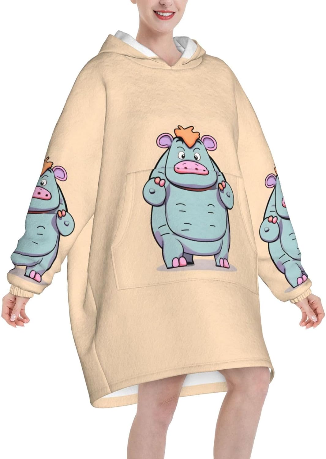 Cartoon Hippos Print﻿ ﻿winter Cozy Blanket Hoodie Wearable With Sleevesfor Christmas New Year Loungewear