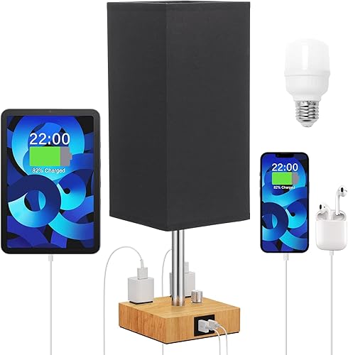 aooshine Lámpara de mesa totalmente regulable con USB C - Lámpara de noche con puertos USB C+A USB y salidas de CA dobles (negro), 15.3 pulgadas