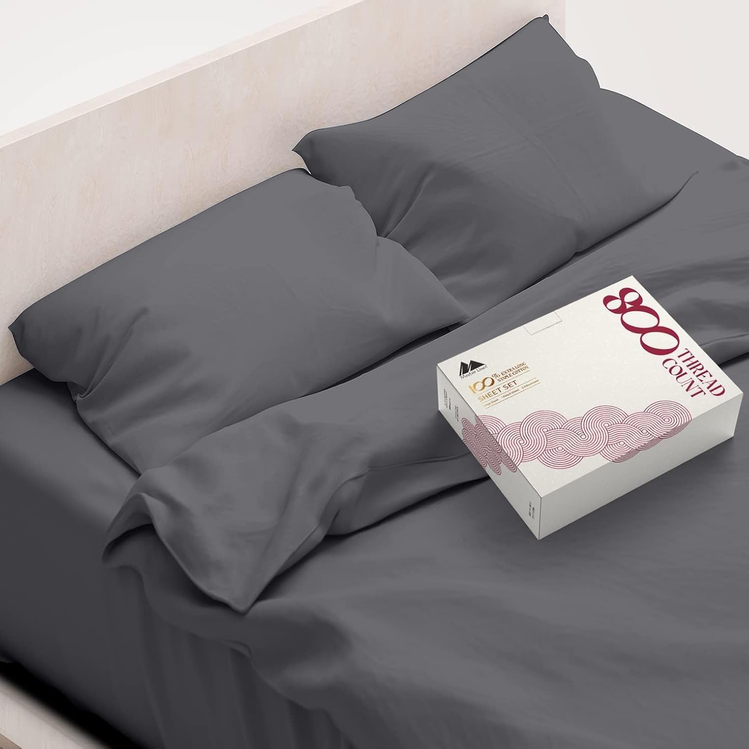 Mayfair Linen 100% Egyptian Cotton Sheets Twin Size - 800 High Thread Count 3 PC Extra Long Twin Sheets for Dorm, 16" Deep Pocket Soft Cooling Sheets, Sateen Sheets for Twin Size Bed - Dark Grey