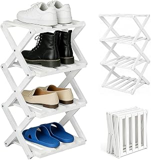 LOMUG Shoe Rack Slim, Small Shoe Rack Space Saving, Bamboo Vertical Shoe Holder, Foldable for Hallway, Entrance, Small Rooms, White, 4 Tier High