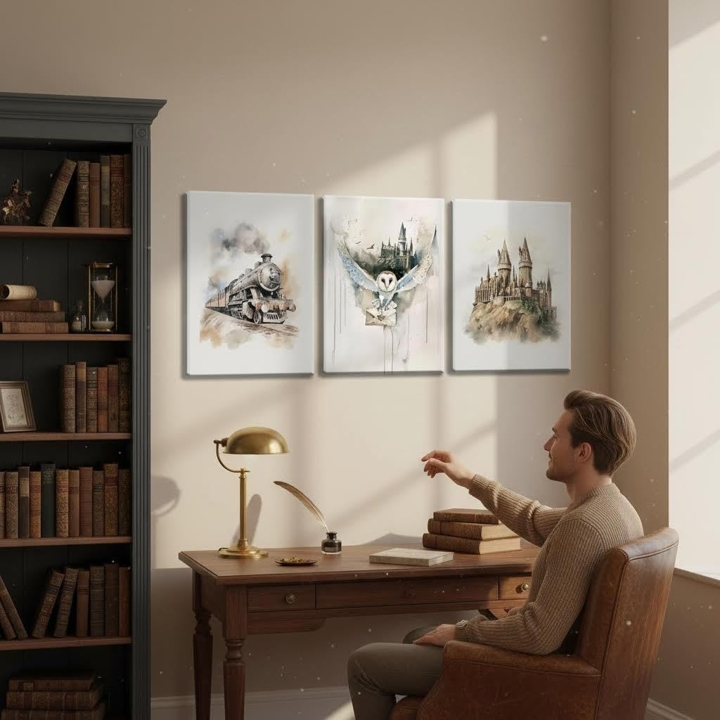 3pcs Magic Nursery Canvas Wall Art Express Train Owl Magic Castle Painting Picture Wall Decor Neutral Watercolor Poster Print Artwork For Kids' Baby Nursery Living Room Decoration Framed