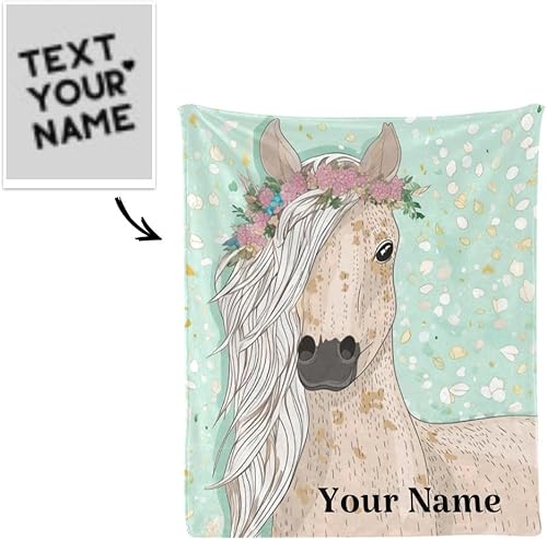 Miniatura 2 de Manta personalizada con texto de nombre, divertida manta de forro polar súper suave con diseño floral de caballo para sofá, cama (50 x 60 pulgadas)