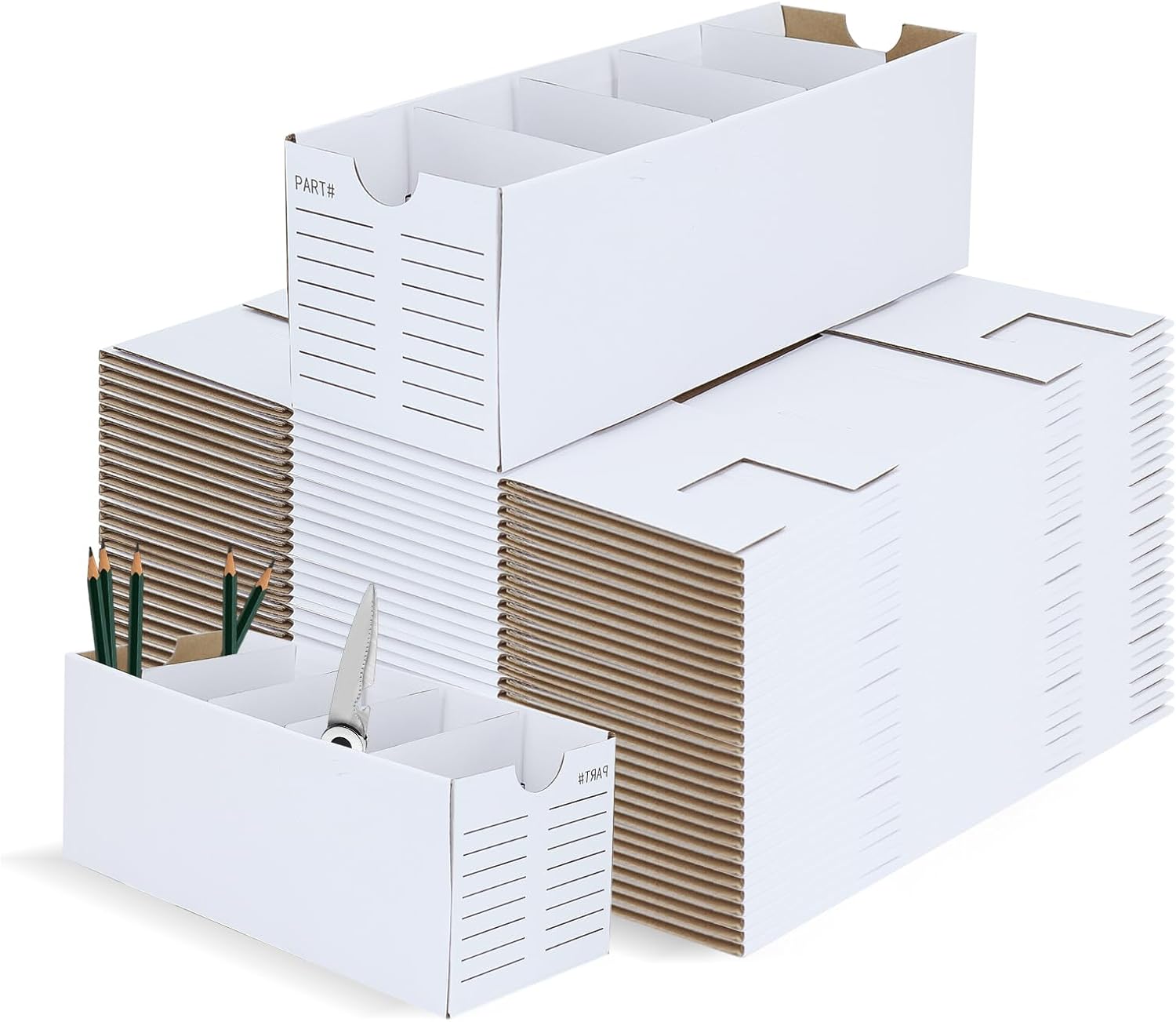 30 Pack Parts Bins with Dividers,Corrugated Cardboard Storage Boxes | 12 x 4 x 4 Inch Shelf Organizer Bins for Small Parts, Hardware, Classroom Supplies, Garage and Warehouse, White