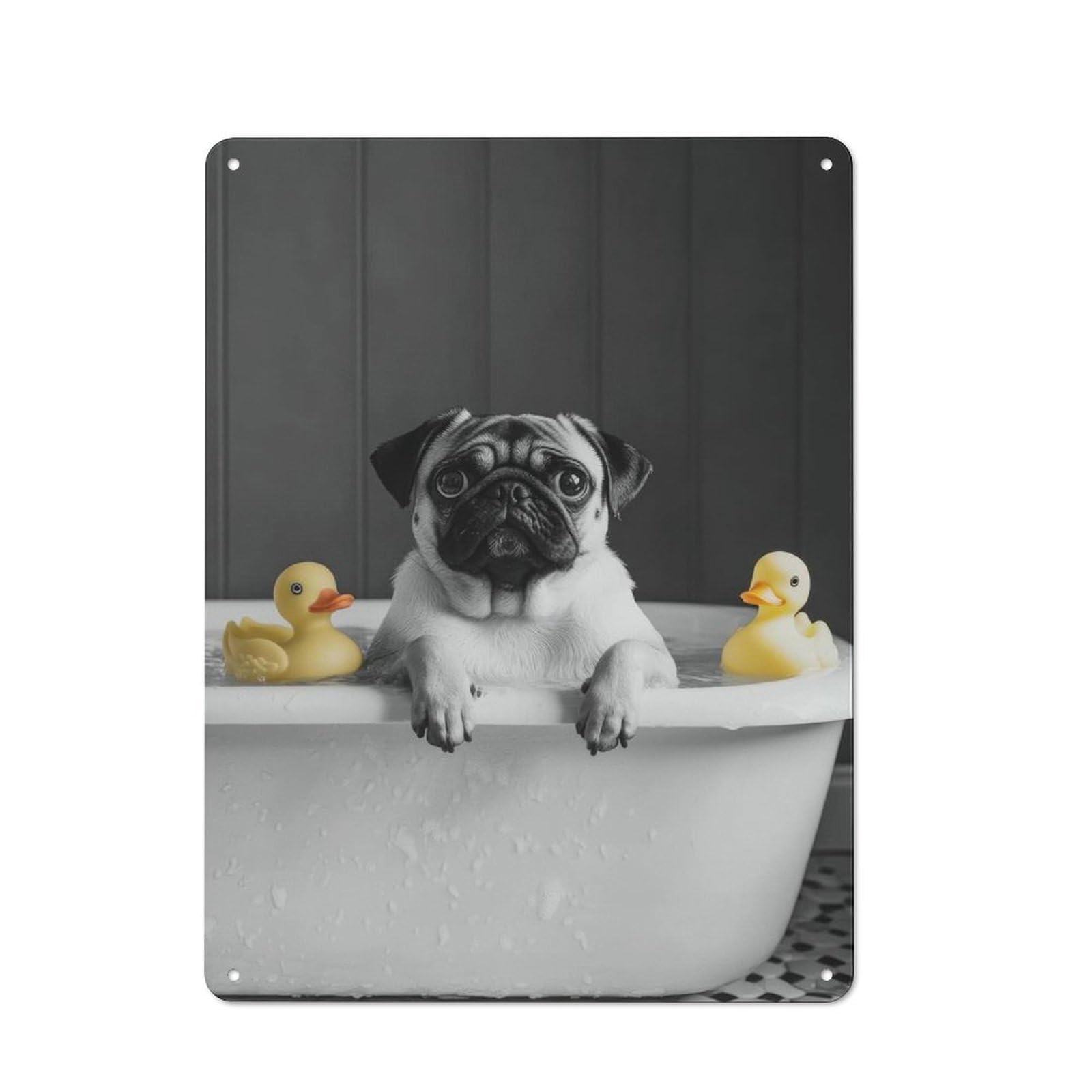 Junmoney Style-23 Pug In Bathtub With Rubber Ducks Funny Bathroom Poster Retro Metal Sign 40X30cm, Distressed Look Retro Room Decor For Living Room, Hallway, Kitchen Or Cafe