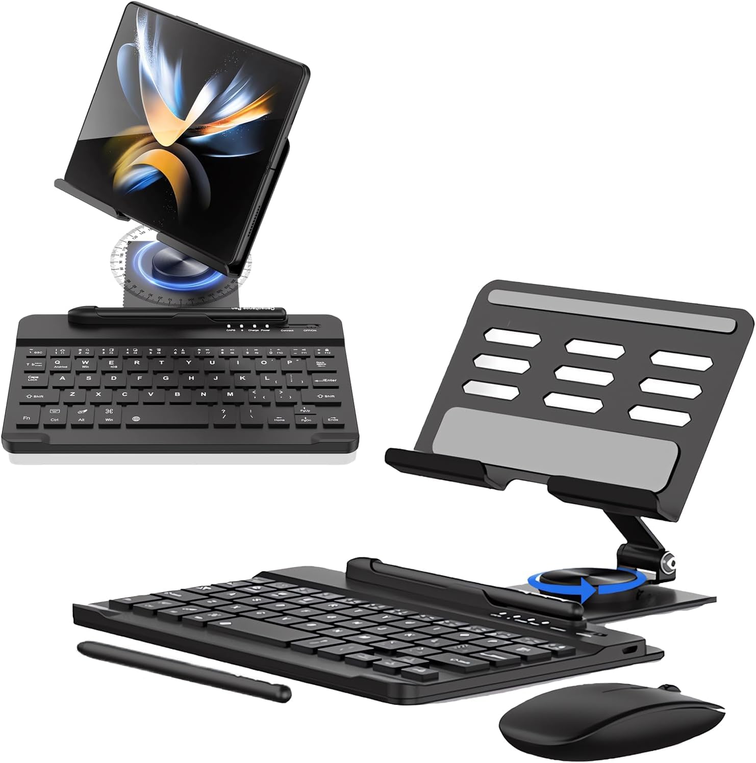 Compatible with Samsung Galaxy Z Fold 5/4/3/2, Set Include Mini Wireless Bluetooth Keyboard, Mouse, Comfortable & Adjustable Phone Stand, Capacitance Pen, and S Pen Holder [Easy to Carry] (Black)