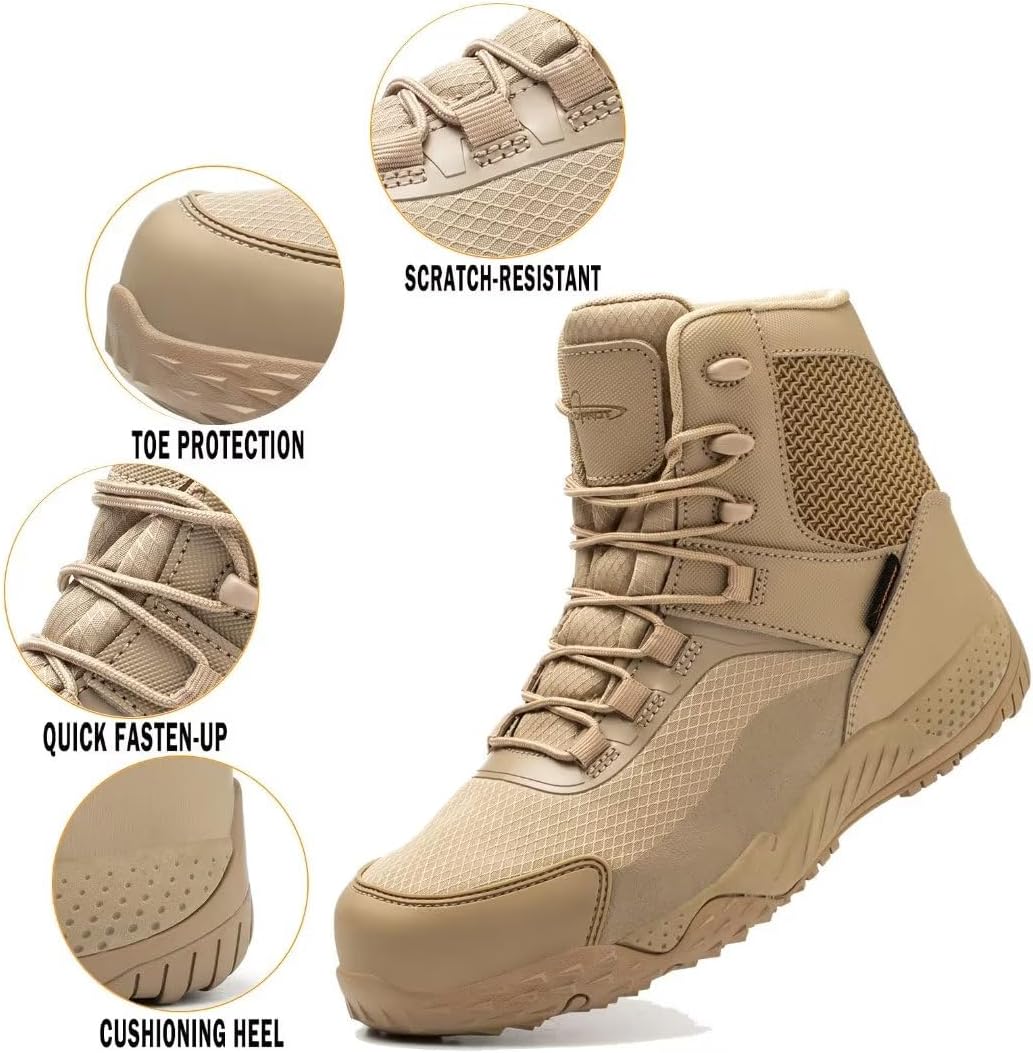 Men's Military Tactical Boots, 6" Waterproof Lightweight Combat Boots, Comfortable Non-slip Outdoor Desert Work Shoes