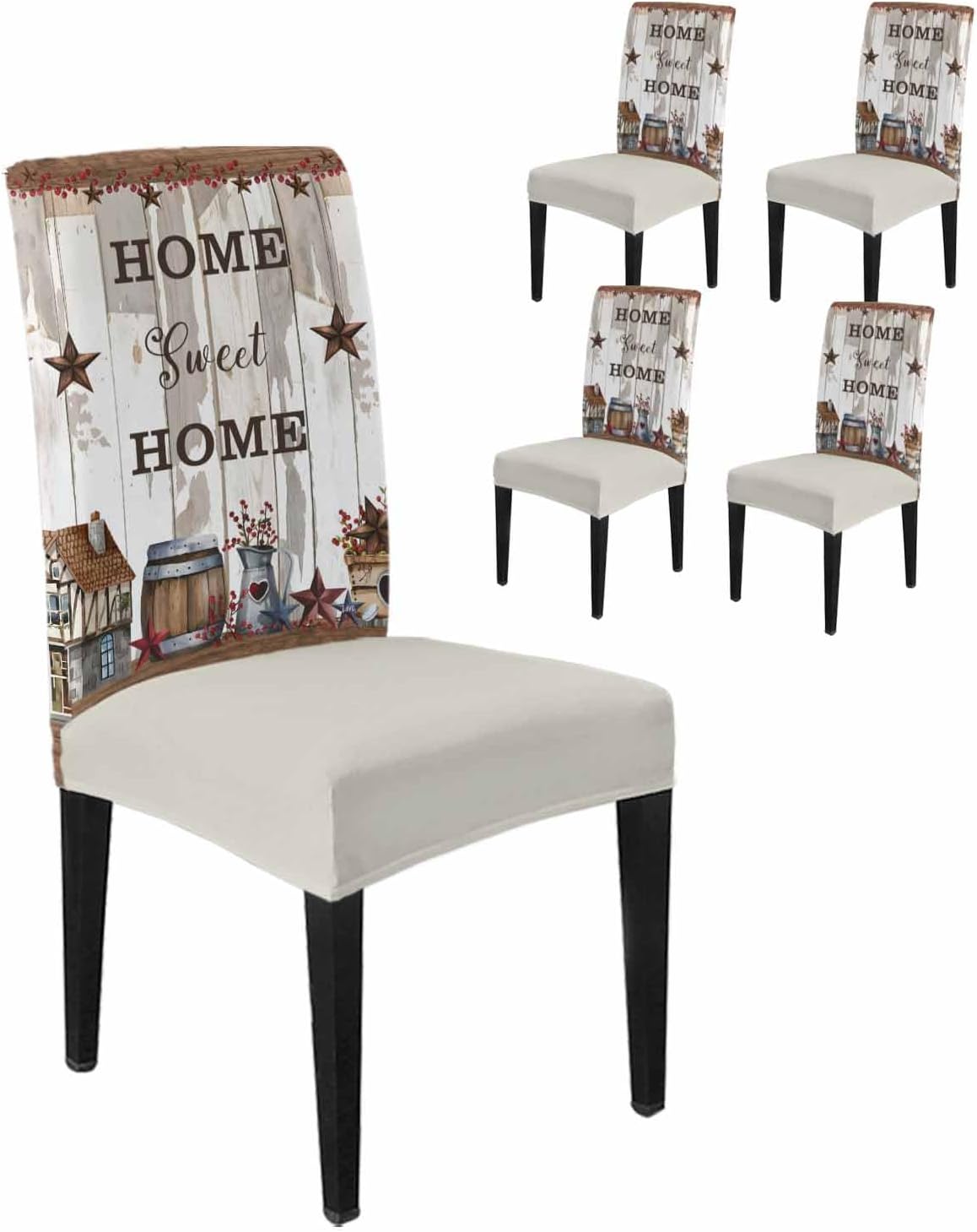 Chucoco Dining Room Chair Covers Set of 4, Sweet Home Country Star Stretch Kitchen Chair Cover, Retro Farm Gray Brown Wood Grain Removable Washable Chair Slipcovers for Hotel,Home,Party,Banquet
