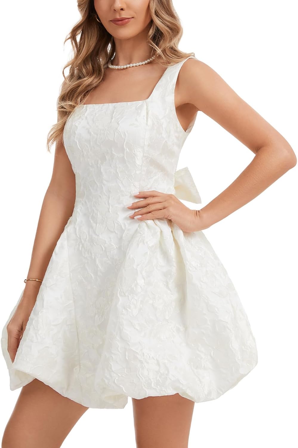 Women's Floral Jacquard Bubble Dress Mini Sleeveless Bow Tie Elegant Cocktail Party Dresses Short Backless Sundress