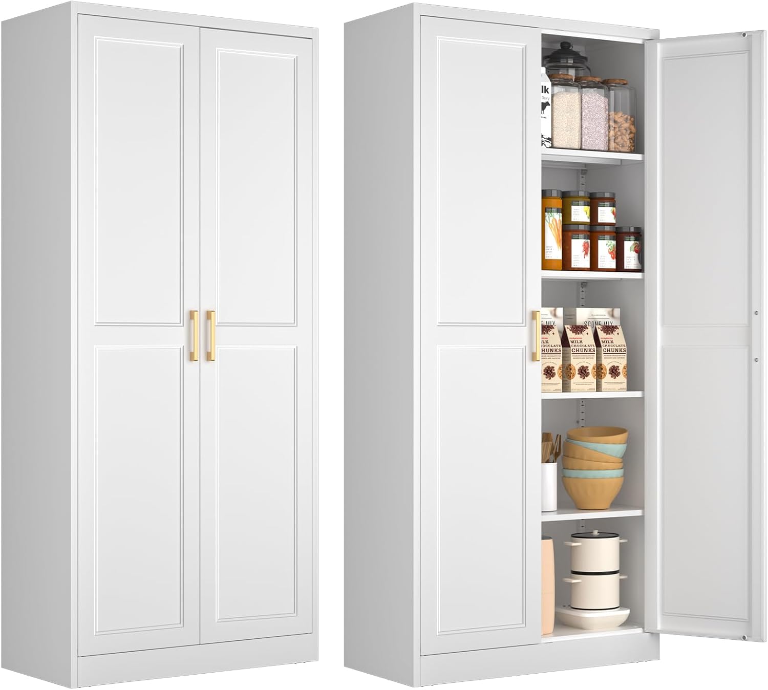 POLUP 71" White Metal Kitchen Pantry Cabinet - Freestanding Tall Storage with Doors, 5 Adjustable Shelves, 180lbs Capacity