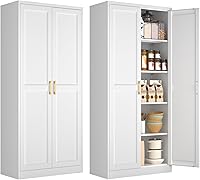 POLUP 71" White Metal Kitchen Pantry Cabinet - Freestanding Tall Storage with Doors, 5 Adjustable Shelves, 180lbs Capacity