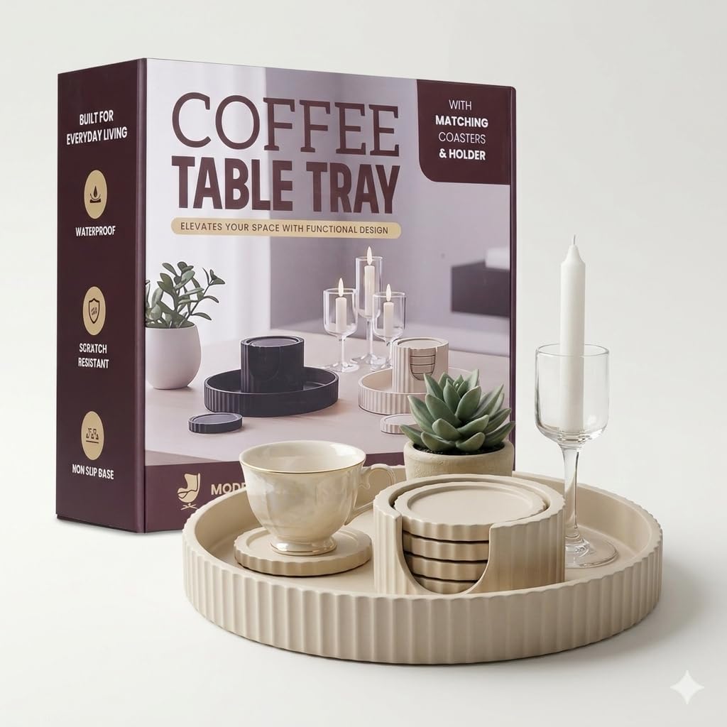 Decorative Coffee Table Ottoman Tray with Coasters | Modern Neutral Home Decor Accent | Console Table Decor | Kitchen Table Centrepiece | Luxury Apartment Decor | Decorative Centerpieces for Tables