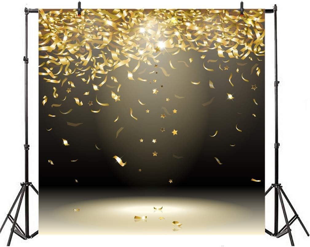 🛒 Crаzу Dеаlѕ Laeacco 8x8ft Golden Confetti Ribbon Birthday Backdrop Abstract Black Stage Carnival Victory Party Award Ceremony Photo Backdrop Christmas New Year Eve Party Graduation Party Prom Photo Studio Prop