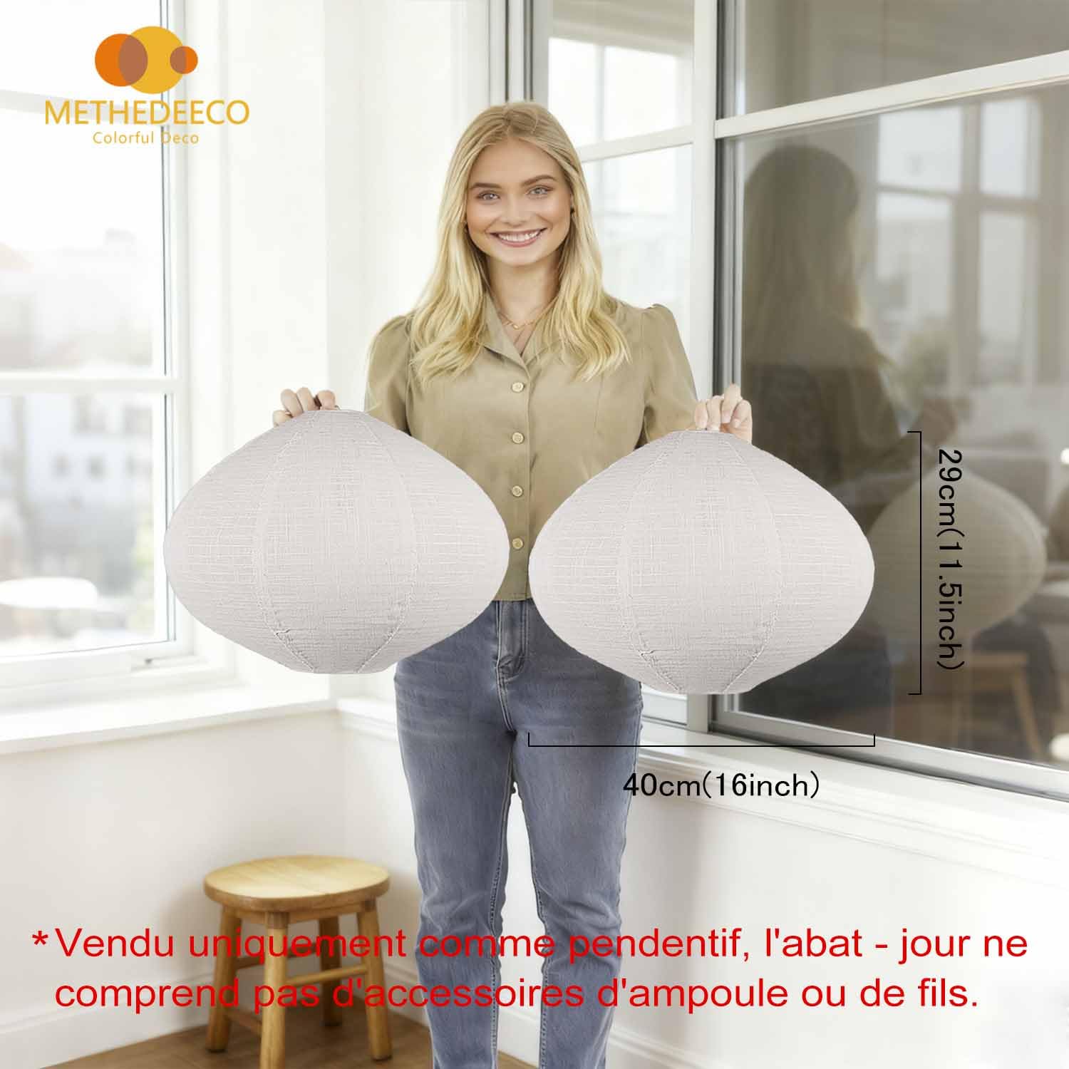 METHEDEECO Lot de 2 Abat-Jours Suspendus en Lin 40 cm, Abat-Jour Tissu Blanc Beige pour Lampe Suspendue, Lumière Douce, Style Minimaliste Bohème pour Salon Chambre Salle à Manger