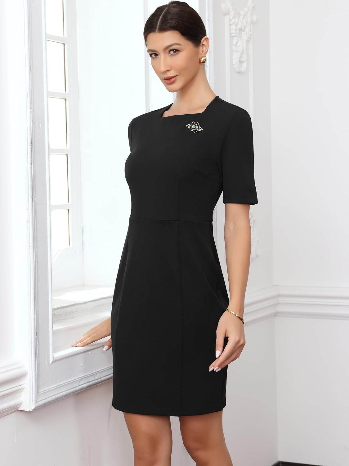 Allegra K Vintage Work Dress for Women Short Sleeve Square Neck Church Business Sheath Dresses