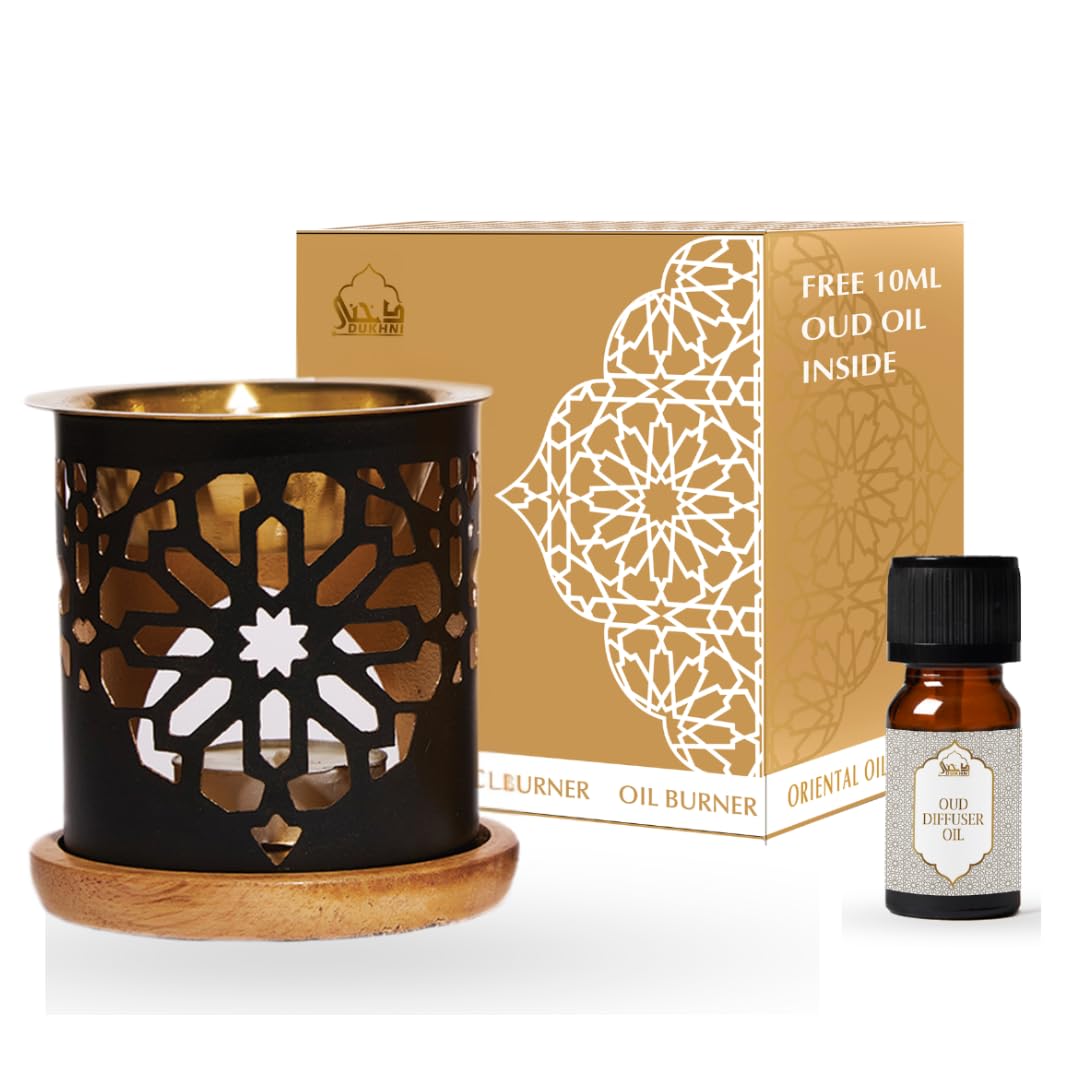 Dukhni Oil Burner | Brass Burner with Candle | Use for Essential Oil, Aroma Oil, Diffuser Oils | Relax with Home Aromatherapy, for Stress Relief, Meditation, Massage and Home Fragrance, Islamic Gift
