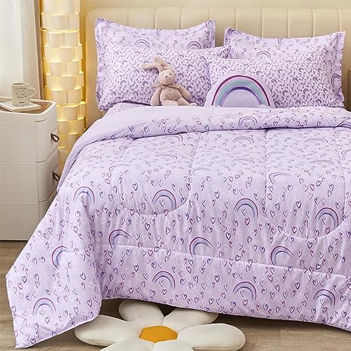 Mooreeke Full Size Comforter Sets for Girls Kids, 8 Pieces Bed in a Bag Purple Love Rainbow Bedding Comforter Sheet Set with Shams and Decorative Toy Pillow, Ultral Soft Microfiber Kids Bed Set