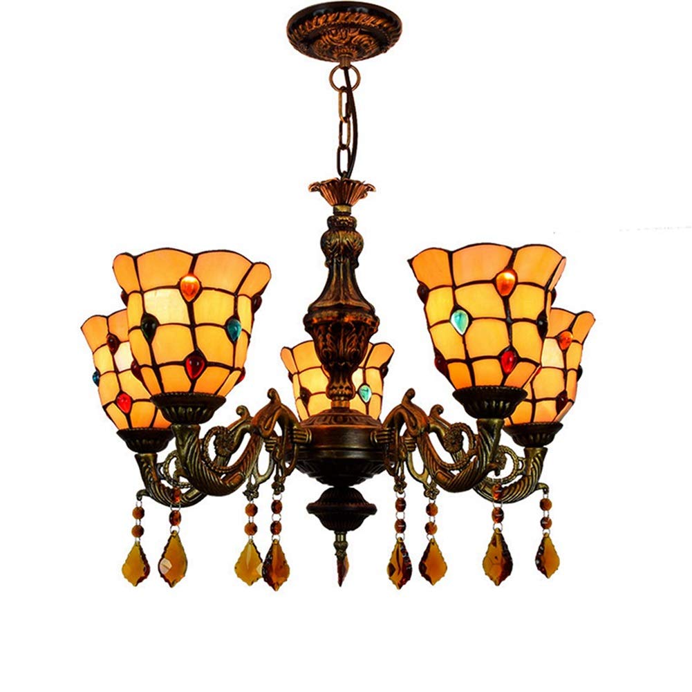 Lustre Tiffany 5 lampes et suspension multicolore en verre jaune pour salon