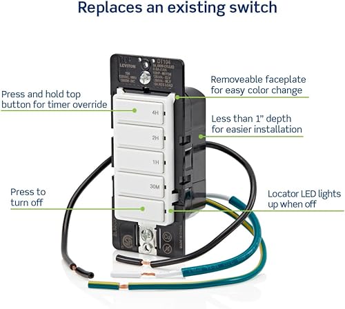 Miniatura 3 de Leviton Interruptor temporizador de cuenta regresiva DT104-1LW para luces domésticas, calentadores y escape, 30 minutos, 1-2-4 horas, no requiere